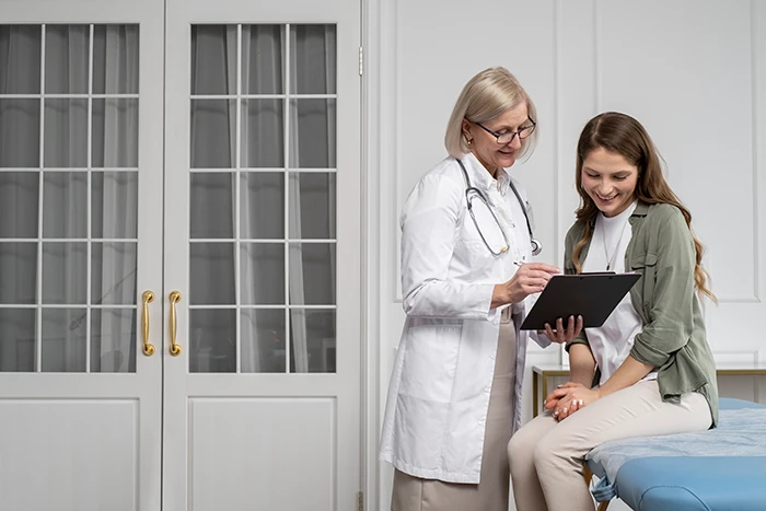 A cosmetic surgeon guiding a patient about labia surgery