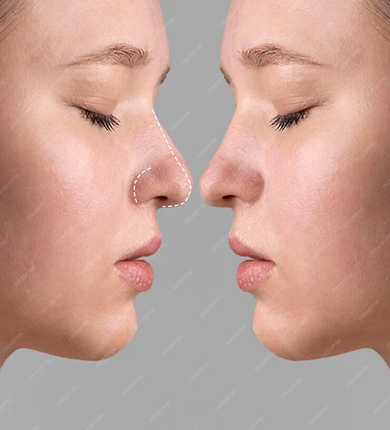 A woman's nose before and after rhinoplasty surgery, highlighting improved nasal contour.