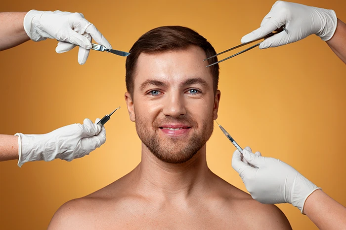 An image of a man with cosmetic surgery tools around him