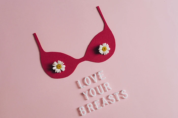 Flowers on a brassiere cutout next to a message 